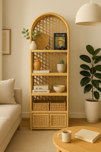 Dekoratif Hasır Kapaklı 5 Raflı Çok Amaçlı Kitaplık