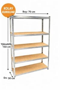 5 Katlı Hafif Yük Rafı, Paslanmaz Galvaniz Metal Raf 150x70x30 cm, Geçmeli Kolay Kurulum Depo, Arşiv, Kiler, Garaj, Ofis Rafı