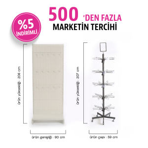5 Katlı Etiketlikli Döner Teşhir Standı ve Metal Duvar Reyonu Delikli Arka Panel H:206 L:90 Delikli Saca Geçme Etiketli Spot Tel 20 cm