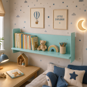 Mavi Metal Duvar Rafı - Masa Üstü Kitaplık ve Çok Amaçlı Ofis Düzenleyici 21x70 cm