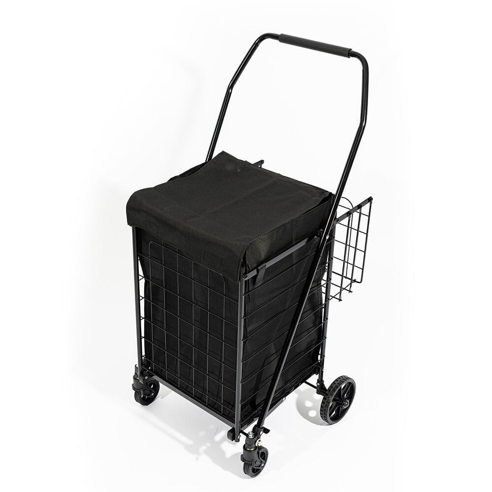 4 Tekerlekli 60 L Katlanabilir Kılıflı Pazar Arabası – 360° Dönebilen Metal İskeletli Siyah Alışveriş Arabası