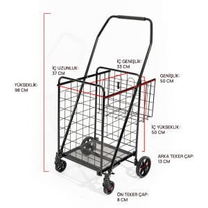 4 Tekerlekli 60 L Katlanabilir Kılıflı Pazar Arabası – 360° Dönebilen Metal İskeletli Siyah Alışveriş Arabası