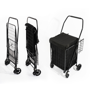 4 Tekerlekli 60 L Katlanabilir Kılıflı Pazar Arabası – 360° Dönebilen Metal İskeletli Siyah Alışveriş Arabası