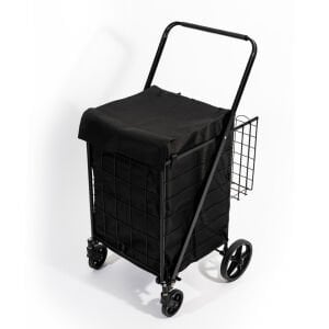 4 Tekerlekli 80 L Katlanabilir Kılıflı Pazar Arabası – 360° Dönebilen Metal İskeletli Siyah Alışveriş Arabası