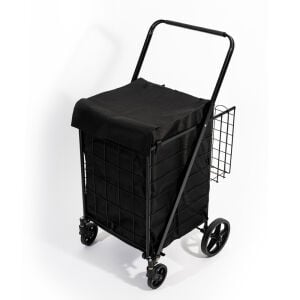 4 Tekerlekli 80 L Katlanabilir Kılıflı Pazar Arabası - 360° Dönebilen Metal İskeletli Siyah Alışveriş Arabası