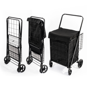 4 Tekerlekli 80 L Katlanabilir Kılıflı Pazar Arabası – 360° Dönebilen Metal İskeletli Siyah Alışveriş Arabası