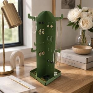 Kaktüs Metal Takı Standı ve Organizeri - Küpe Kolye Bilezik Aksesuar Askısı Alt Bölmeli Düzenleyici 32x20x20 cm