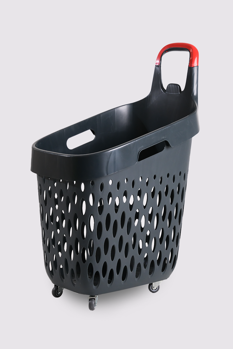 Wheeled Market Basket (Wheeled Shopping Basket with Red Handle and Compartment) 73 L Smoked