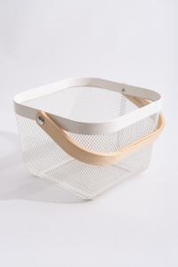 Multipurpose Metal Organizing Storage Basket with Wooden Handle White