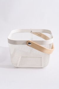 Multipurpose Metal Organizing Storage Basket with Wooden Handle White