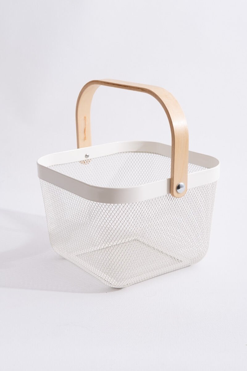 Multipurpose Metal Organizing Storage Basket with Wooden Handle White