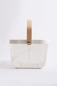 Multipurpose Metal Organizing Storage Basket with Wooden Handle White