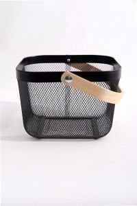 Ahşap Saplı Çok Amaçlı Metal Düzenleme Saklama Depolama Sepeti Siyah