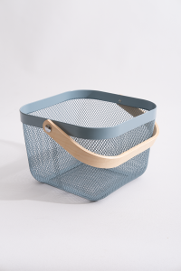 Multipurpose Metal Organizing Storage Basket with Wooden Handle Blue