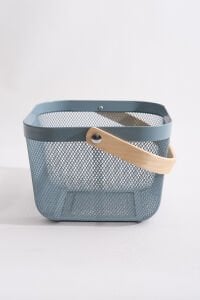 Multipurpose Metal Organizing Storage Basket with Wooden Handle Blue