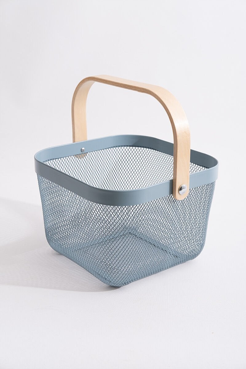 Multipurpose Metal Organizing Storage Basket with Wooden Handle Blue
