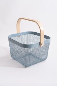 Ahşap Saplı Çok Amaçlı Metal Düzenleme Saklama Depolama Sepeti Mavi