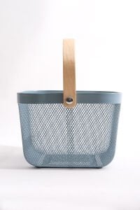 Multipurpose Metal Organizing Storage Basket with Wooden Handle Blue