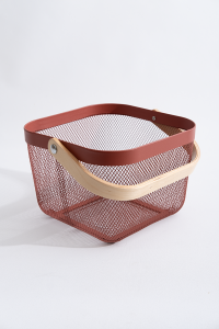 Ahşap Saplı Çok Amaçlı Metal Düzenleme Saklama Depolama Sepeti Bordo