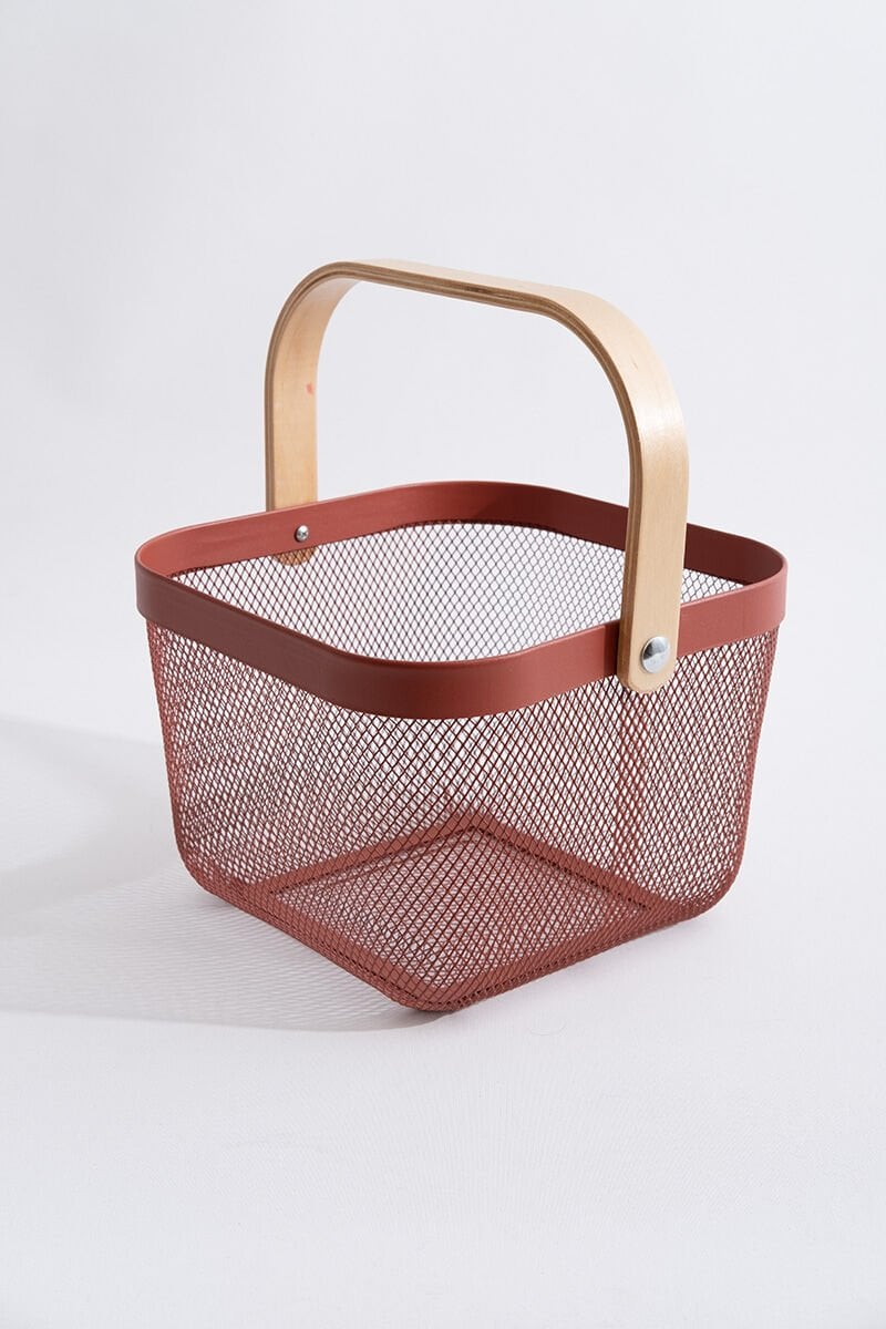 Multipurpose Metal Organizing Storage Basket with Wooden Handle Claret Red